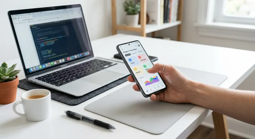 清潔な白いデスクに置かれたノートパソコンと、最新のスマートフォン。スマートフォンを操作する手が映り、直感的で心地よい操作体験（UX）を表現している。