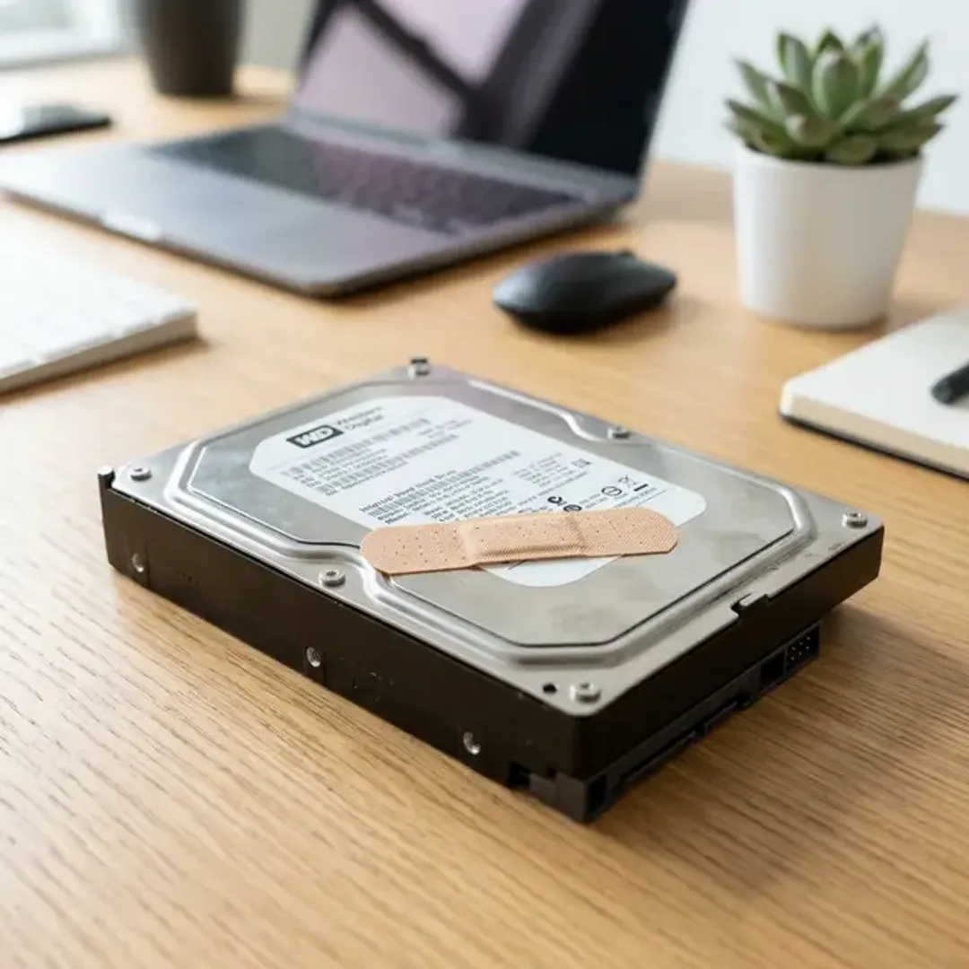 プログラムの修正パッチを表現する絆創膏とハードディスクの高品質なイメージ写真