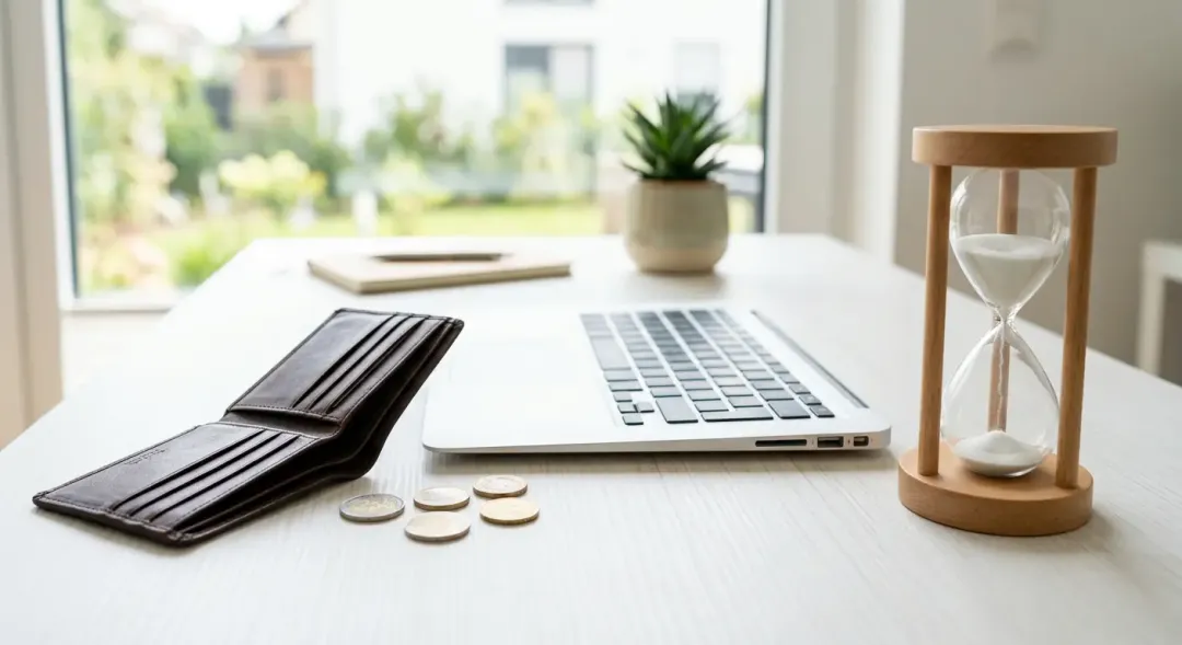清潔な白いデスクに置かれたノートパソコンと、中身が空っぽになったお財布。その横には数枚のコインと残り時間の少ない砂時計が置かれ、不足（ショート）を表現している。