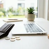 清潔な白いデスクに置かれたノートパソコンと、中身が空っぽになったお財布。その横には数枚のコインと残り時間の少ない砂時計が置かれ、不足（ショート）を表現している。