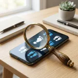 トラッキングによる行動追跡を表す虫眼鏡と足跡の高品質なイメージ写真