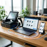 実店舗のレジ、スマートフォンのアプリ、パソコンのオンラインショップの画面が、すべて光る一本の線（データ）で繋がり、顧客の購入履歴やポイントが完全に同期しているシームレスなショッピング体験のイメージ