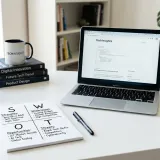 清潔な白いデスクに置かれたノートパソコン。その横には、S・W・O・Tと書かれた2x2のグリッド（格子）が描かれたノートがあり、現状分析のワーク（SWOT分析）を表現している。