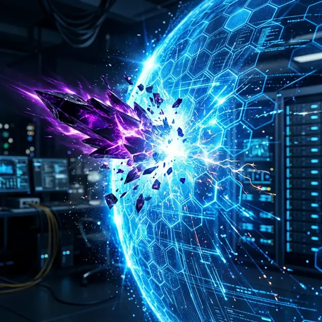 不正侵入を検知・遮断するシステムIPSを象徴する、攻撃を即座に破壊する青く光る盾の高品質画像