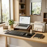 誰が読んでも理解しやすく保守しやすいクリーンコードを象徴する、朝の光に照らされた、無駄がなく完璧に整理整頓された美しいオフィスデスクの高品質な写真