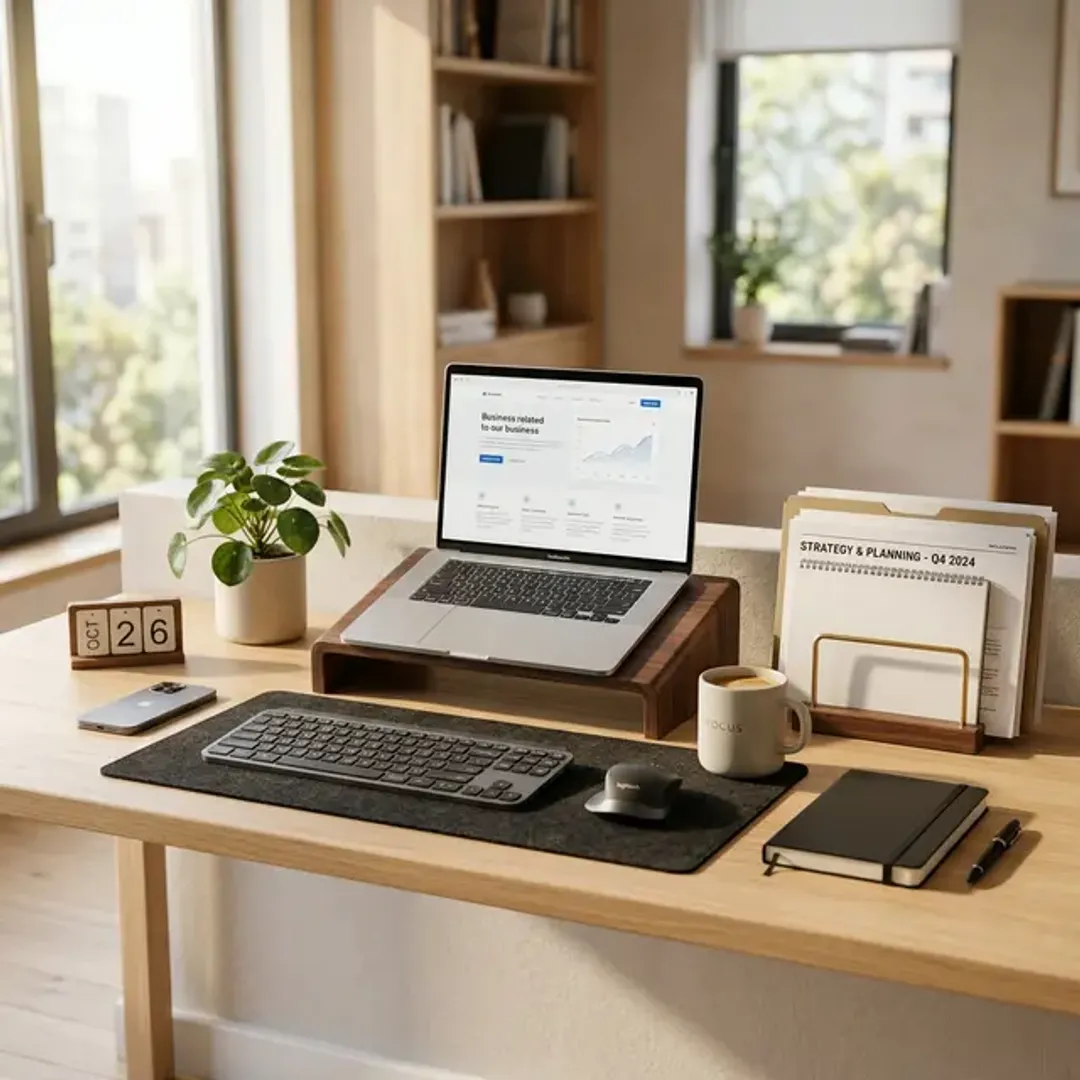 誰が読んでも理解しやすく保守しやすいクリーンコードを象徴する、朝の光に照らされた、無駄がなく完璧に整理整頓された美しいオフィスデスクの高品質な写真