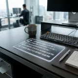 インデントを使ってデータを表現する人間が読みやすい形式のYAMLを象徴する、デスクに置かれた美しく整列した光るデジタルリストの高品質画像