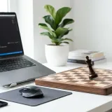 清潔な白いデスクに置かれたノートパソコン。その横にはチェス盤があり、一つの駒（キング）が前に進んでいる様子。主導権（イニシアチブ）を表現している。明るい自然光のプロフェッショナルな写真。