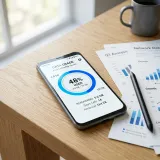 スマートフォンの画面に表示された「毎月定額データ使用量：40GB（上限あり）」の円グラフ。机の上に置かれたビジネス書類とあわせて、決められた枠（みなし時間）を表現するイメージ