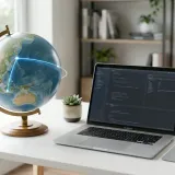 清潔な白いデスクに置かれたノートパソコン。その横には、地球儀があり、日本から遠く離れた海外の拠点と繋がっている様子（オフショア）を表現している。明るい自然光のプロフェッショナルな写真。