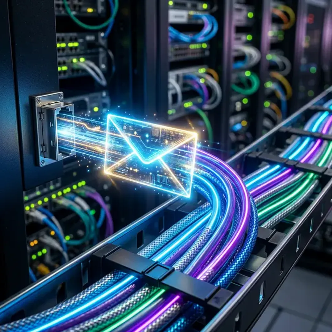 メールを送信・転送する仕組みであるSMTPを象徴する、ネットワークへ送り出される光る手紙の高品質画像