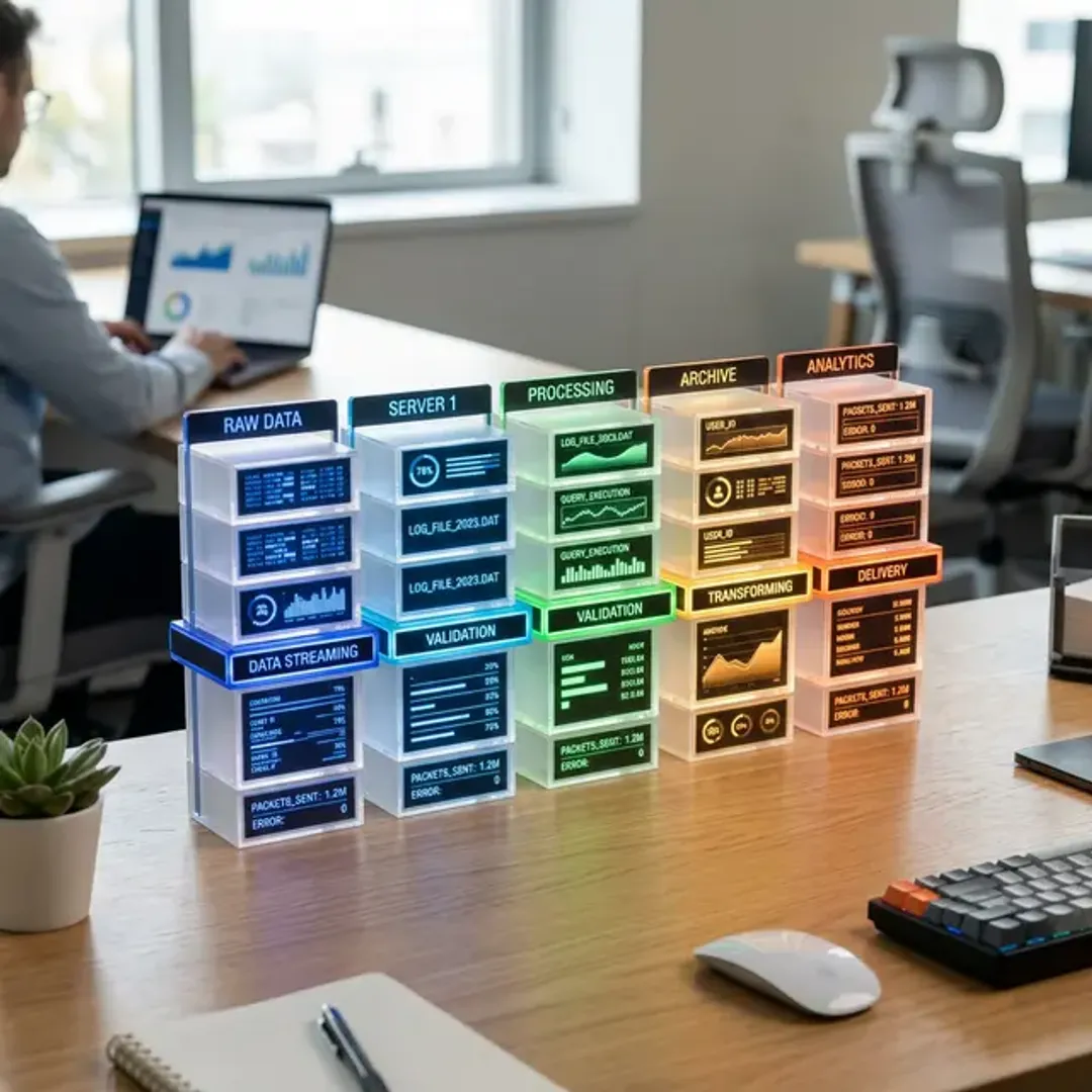 軽量で人間にも読みやすいデータ記述形式JSONを象徴する、かっこいい括弧で整理された光るビジュアルブロックの高品質画像