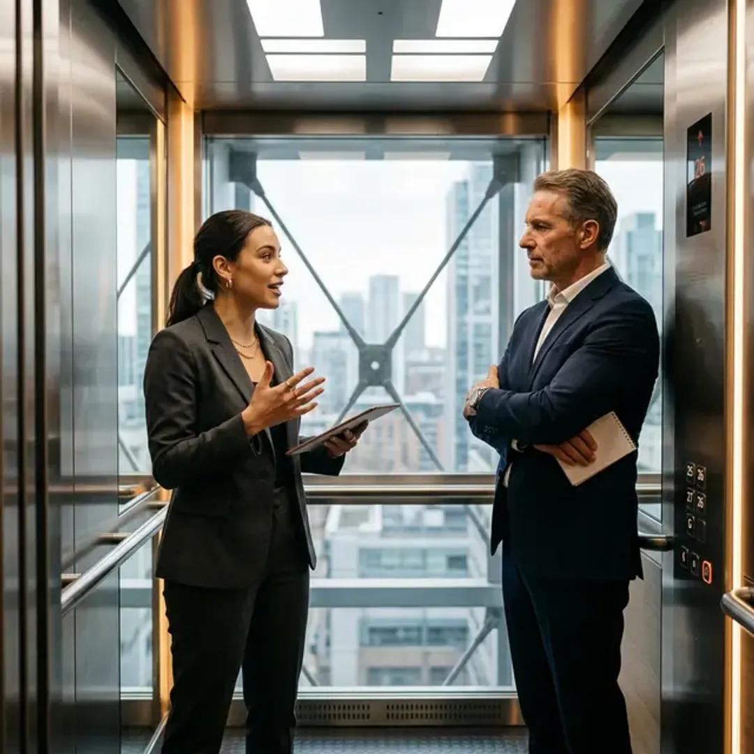 エレベーターに乗っている短時間で要点を的確に伝えるプレゼン手法を象徴する、エレベーター内で自信を持ってエグゼクティブにピッチを行う若手ビジネスマンの高品質な写真