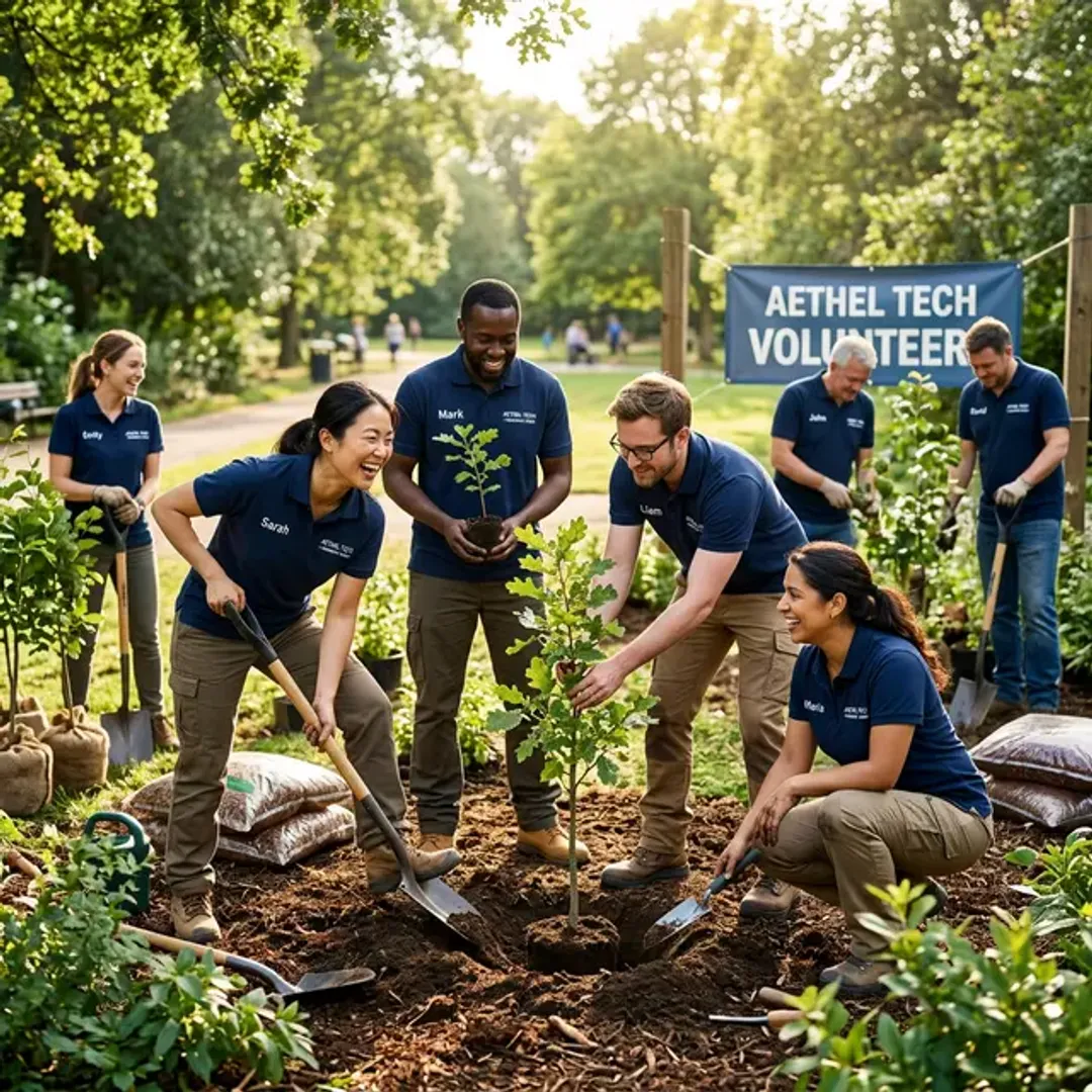 企業の社会的責任(CSR)活動を象徴する、お揃いの企業ポロシャツを着たチームが笑顔で地域の公園に木を植えるボランティア活動をしている高品質な写真
