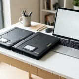 清潔な白いデスクに置かれたノートパソコン。その横には、2つの同じようなビジネスバッグが一つにまとめられようとしており、組織の統合（M&A）を表現している。明るい自然光のプロフェッショナルな写真。