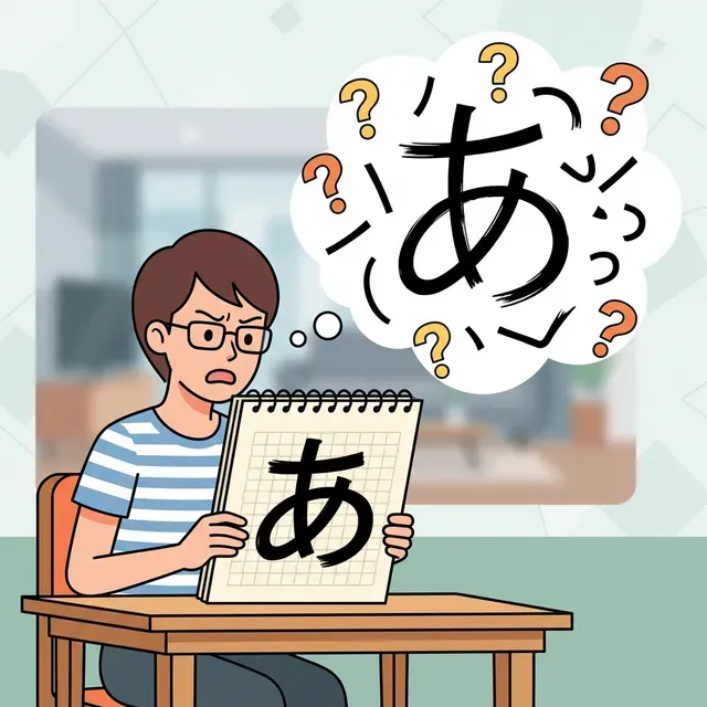 スマートフォンの画面やノートに書かれた「あ」という大きな文字をずっと見つめている人が、だんだん「あ」という文字が『長い横棒』と『曲線』と『十字』の「バラバラの線の部品」に見え始めてしまい、頭の中でクエスチョンマークが飛び交って混乱しているコミカルなイメージ