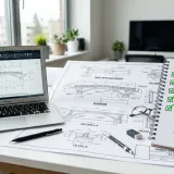 清潔なデスクに置かれたノートパソコンと、計算機、そして「FEASIBILITY CHECK」と書かれた書類。実現可能性を冷静に分析している様子を表現している。
