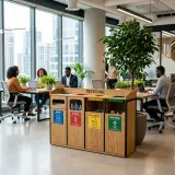 持続可能な開発目標(SDGs)の取り組みを象徴する、ハイエンドなオフィスに設置された美しい竹製のおしゃれな分別リサイクルステーションの高品質な写真