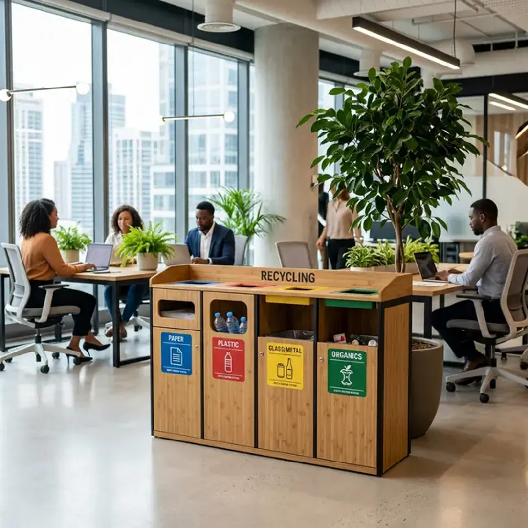 持続可能な開発目標(SDGs)の取り組みを象徴する、ハイエンドなオフィスに設置された美しい竹製のおしゃれな分別リサイクルステーションの高品質な写真