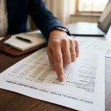 損益計算書の最終行である純利益(ボトムライン)を象徴する、複雑な財務書類の最後にある最終利益額の数値をプロフェッショナルが指で力強く指し示す高品質な写真