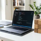 清潔な白いデスクに置かれたノートパソコン。その横には、大きな木のブロックがいくつかの小さなサイコロ状の塊（チャンク）にきれいに切り分けられており、細分化を表現している。