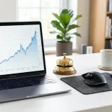 清潔な白いデスクに置かれたノートパソコン。画面には右肩上がりの株価チャートが表示され、その横には小さな金色のベルが置かれ、新規上場（IPO）のお祝いを表現している。