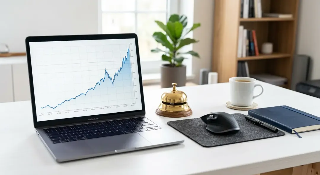 清潔な白いデスクに置かれたノートパソコン。画面には右肩上がりの株価チャートが表示され、その横には小さな金色のベルが置かれ、新規上場（IPO）のお祝いを表現している。