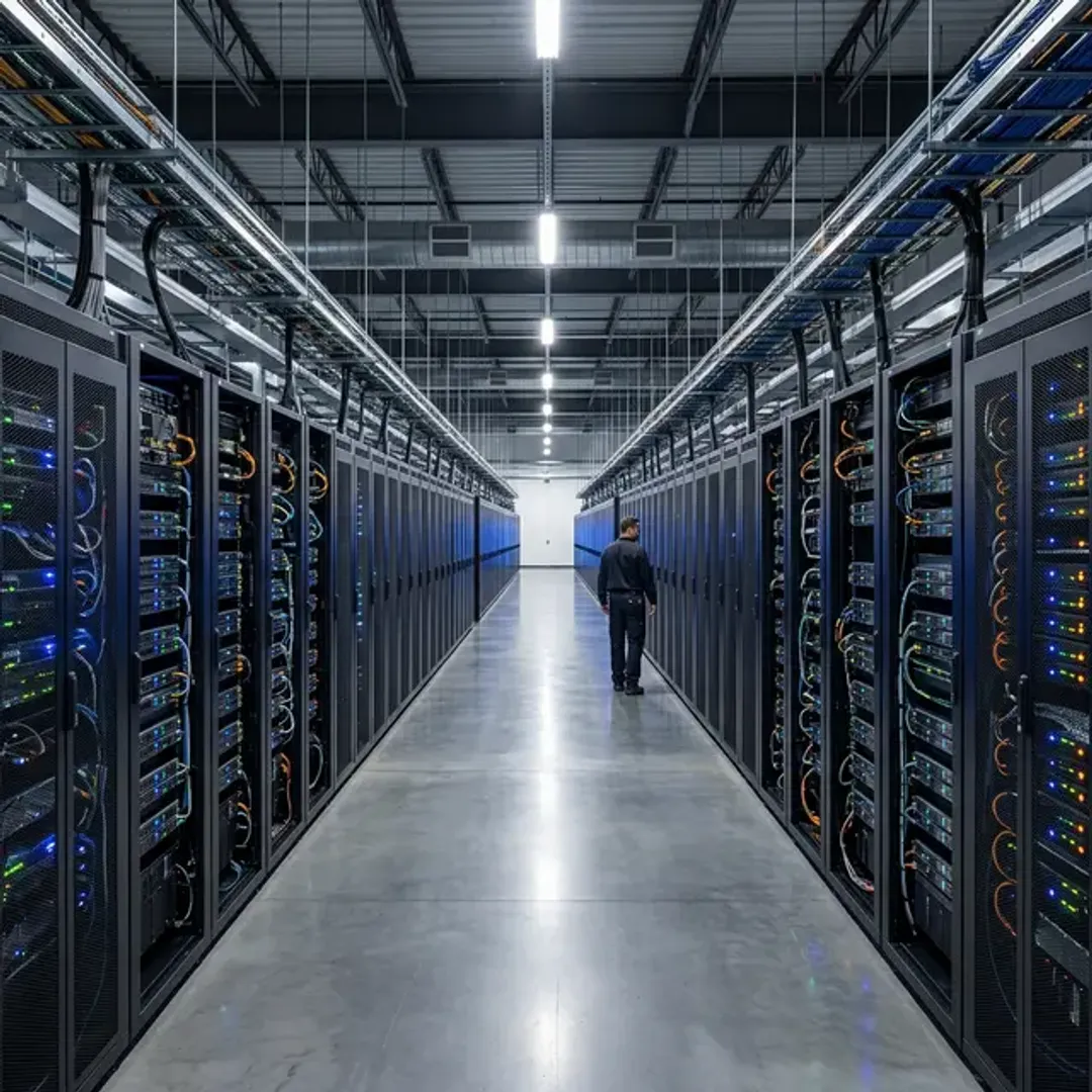 大規模データの分散処理基盤Hadoopを象徴する、整然と並ぶ壮大なサーバーファームの高品質な写真