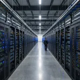 大規模データの分散処理基盤Hadoopを象徴する、整然と並ぶ壮大なサーバーファームの高品質な写真