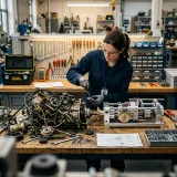 外部からの振る舞いを変えずに内部構造をキレイに改善するリファクタリングを象徴する、汚れたエンジン部品を綺麗に分解・再構築している作業台の高品質な写真