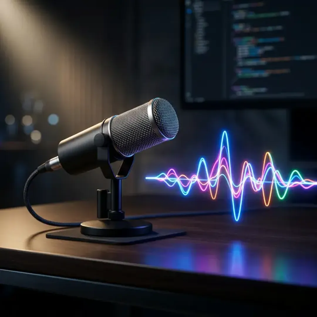 音声を文字に変換する音声認識を象徴する、マイクと光る音声波形の高品質なイメージ写真