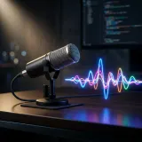 音声を文字に変換する音声認識を象徴する、マイクと光る音声波形の高品質なイメージ写真