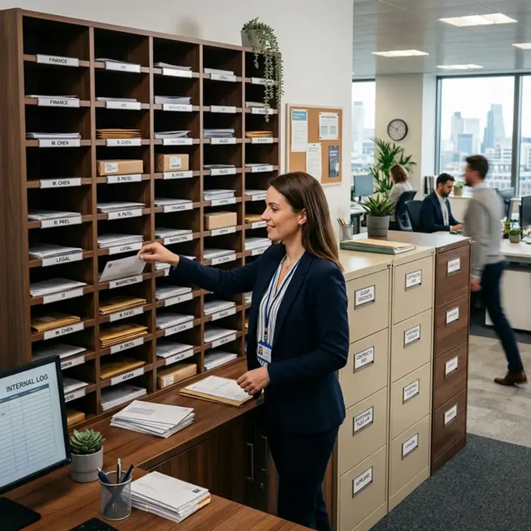 グループ企業内の共通する間接業務を一箇所に集約するシェアードサービスを象徴する、メールボックスやファイルが驚くほどきれいに整理整頓された企業の集中管理部門の高品質な写真
