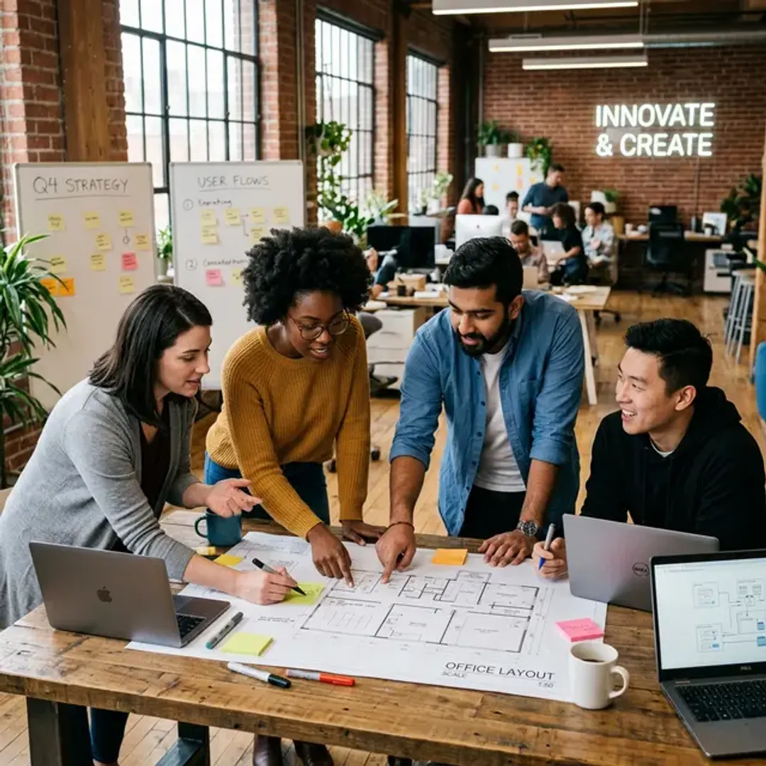 特定の課題を解決するために集められた実行部隊(ワーキンググループ)を象徴する、クリエイティブなスタートアップ空間で設計図を囲んで情熱的にブレインストーミングを行う多様なチームの高品質な写真