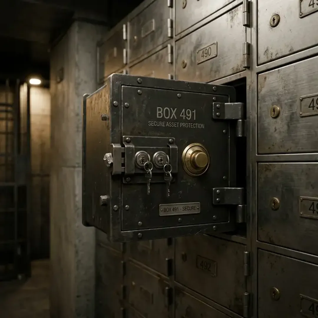 データと処理を一つにまとめ、外部から直接変更できないようにするカプセル化を象徴する、厳重にロックされた金属製の貸金庫の高品質な写真