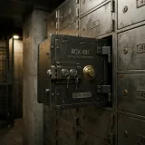 データと処理を一つにまとめ、外部から直接変更できないようにするカプセル化を象徴する、厳重にロックされた金属製の貸金庫の高品質な写真