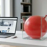 清潔な白いデスクに置かれたノートパソコン。その横には、ガラスの箱いっぱいに膨らんだ風船があり、与えられた枠を使い切ってしまう現象（パーキンソンの法則）を表現している。