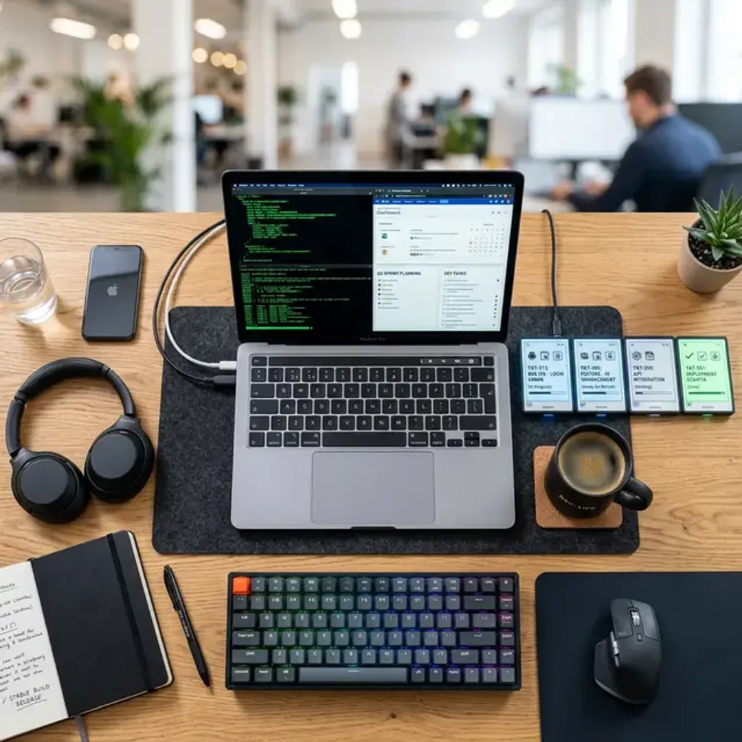 ITサービスを安定して提供するための管理活動ITSMを象徴する、整理整頓されたタスクチケットとノートパソコンが置かれたITデスクの高品質画像