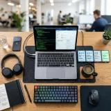 ITサービスを安定して提供するための管理活動ITSMを象徴する、整理整頓されたタスクチケットとノートパソコンが置かれたITデスクの高品質画像