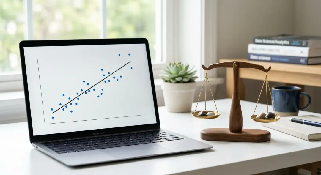 データの散布図が画面に映し出されたノートパソコン。清潔なデスクの上には、天秤のオブジェが置かれ、データの重み付けを表現している。明るい自然光のプロフェッショナルな写真。