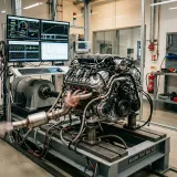 システム全体が連携して正しく動作するか確認するシステムテストを象徴する、専用のテスト環境で測定器につながれて稼働する複雑な組込みエンジンの高品質な写真