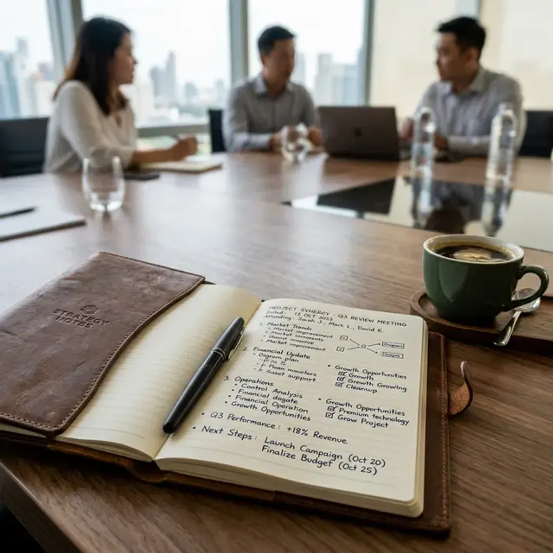 会議の決定事項や経緯を記録する議事録を象徴する、木製の会議用テーブルの上に置かれた分かりやすく構造化して手書きされた美しい革張りのノートの高品質な写真