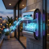 サーバーからメールを受信するPOP3を象徴する、光る手紙を保管するハイテクなポストの高品質な写真