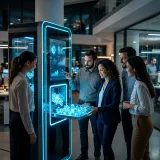 特定部門向けにデータウェアハウスから必要なデータだけを抽出したデータマートを象徴する、チーム向けに整理された青いクリスタルを提供する光るキオスク端末の高品質写真