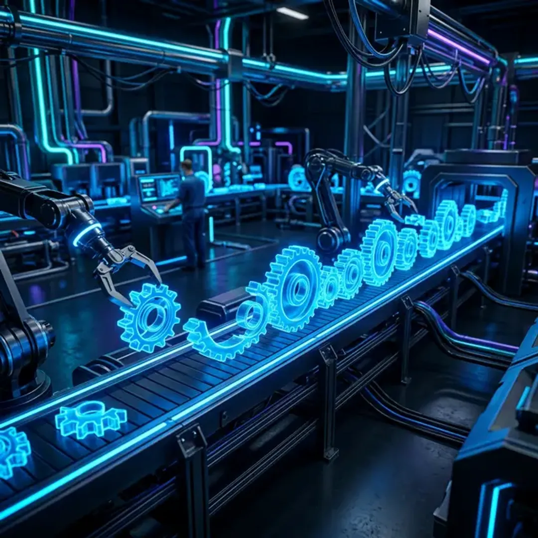 ビルドやテストのCI/CDを自動化するJenkinsを象徴する、エラーなくスムーズにコード部品を組み立てていく光るオートメーション工場の高品質写真