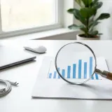 清潔な白いデスクに置かれたノートパソコン。その横には虫眼鏡が置かれ、データが示された書類の中の「事実（ファクト）」を丹念に調べている様子を表現している。明るい自然光のプロフェッショナルな写真。