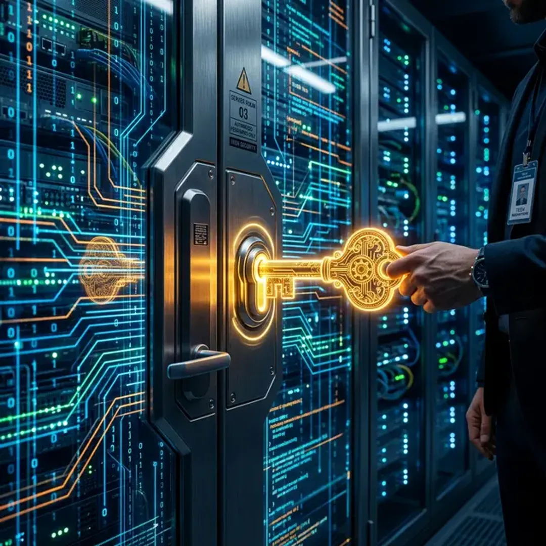 APIを呼び出すための認証パスワードであるAPIキーを象徴する、光るデーターサーバーの重厚な扉を開ける金色のネオンキーの高品質写真