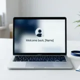 デスク上のノートパソコン。画面には「Welcome back」の文字とユーザーアイコンが表示されている。パソコンの横には社員証のようなカードが置かれている。