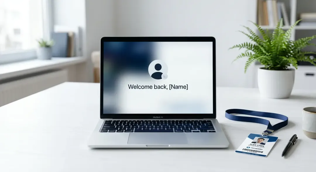 デスク上のノートパソコン。画面には「Welcome back」の文字とユーザーアイコンが表示されている。パソコンの横には社員証のようなカードが置かれている。