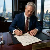 権限を持つ者が最終的な承認を与える決裁を象徴する、上級管理職が高級な万年筆を使って最終承認契約書の署名欄に美しいサインを書き入れる瞬間の高品質な写真